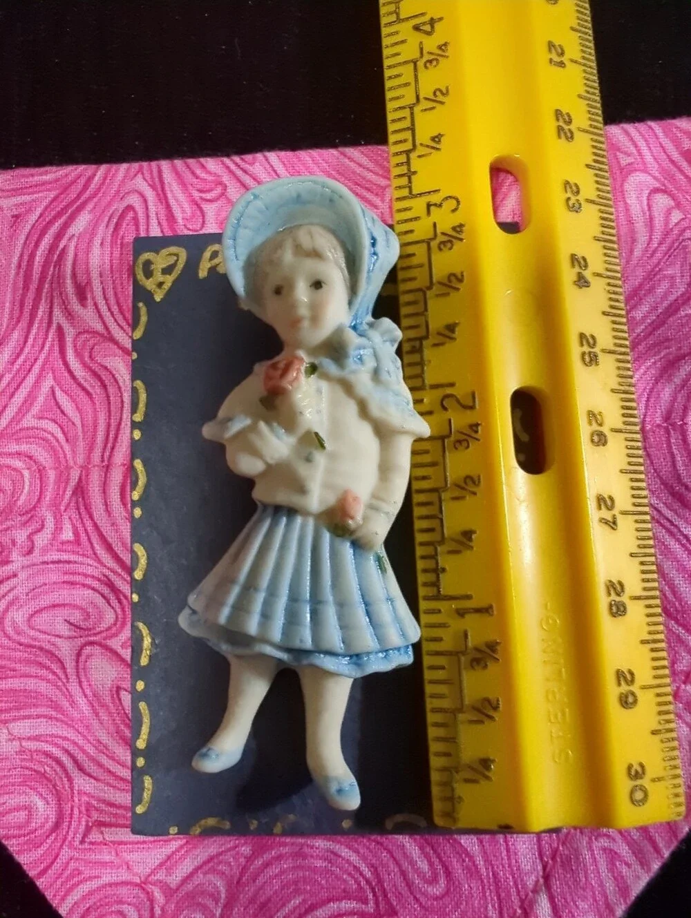 Vintage SIGNED Painted Bisque Porcelain Girl in Bonnet 3D Figural Brooch Pin